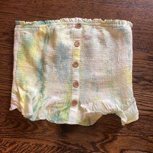 green & white tie die ruffle strapless top